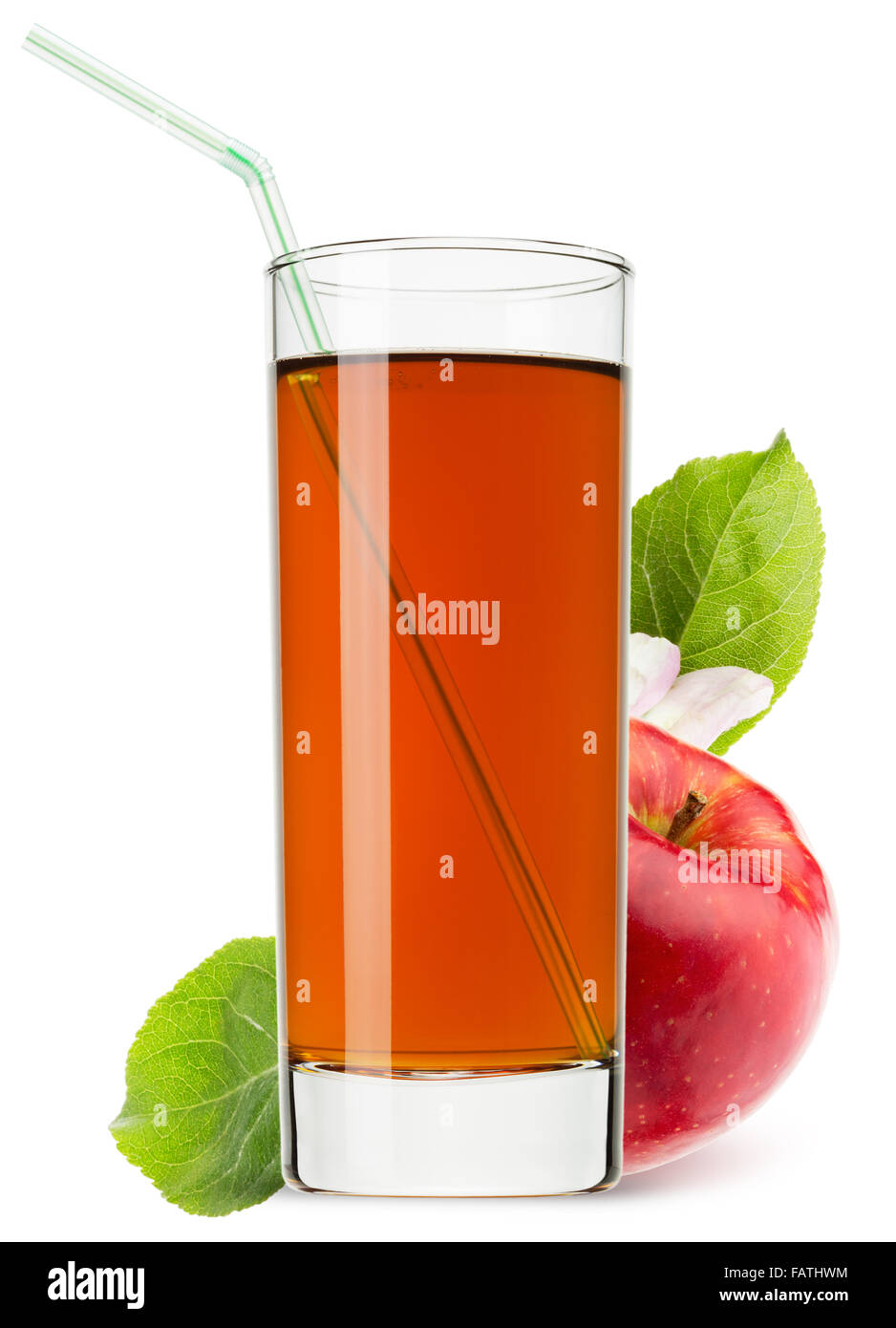 Glas Apfelsaft auf dem weißen Hintergrund isoliert. Stockfoto