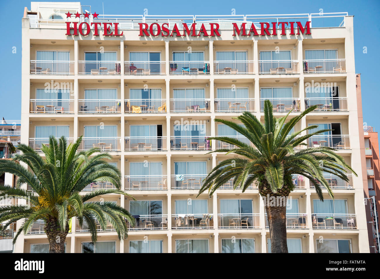 Hotel Rosamar Maritim, Avenida Pau Casals 1, Lloret de Mar, Costa Brava, Provinz Girona, Katalonien, Spanien Stockfoto