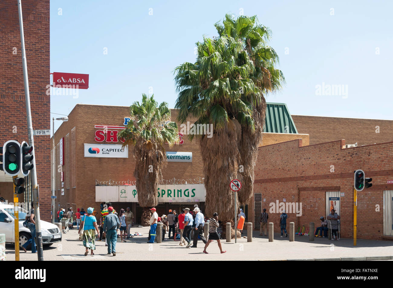 Eintritt zum Palm Springs Einkaufszentrum, 5. Avenue, Springs, Gemeinde Ekurhuleni, Provinz Gauteng, Republik Südafrika Stockfoto