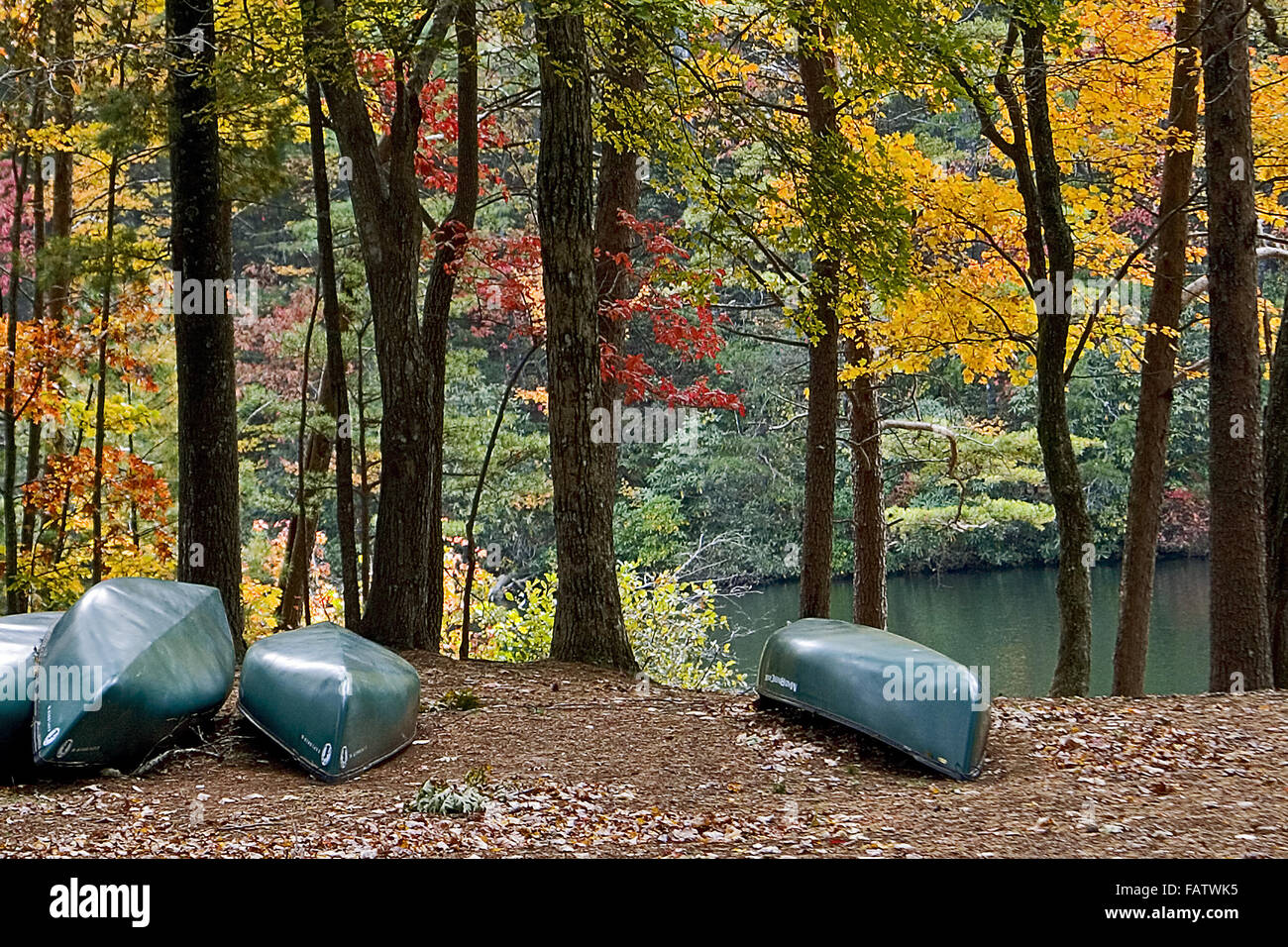 Verleih-Kanus am See im Herbst am Fort Mountain State Park, Georgia, USA. Stockfoto