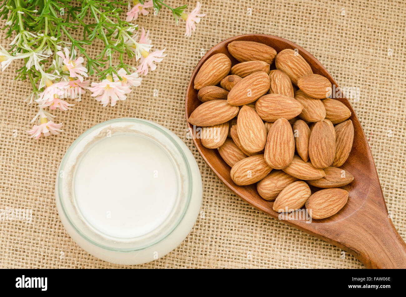 Mandelmilch mit Mandeln auf einem Holzlöffel mit Blume auf Sack Hintergrund. Stockfoto