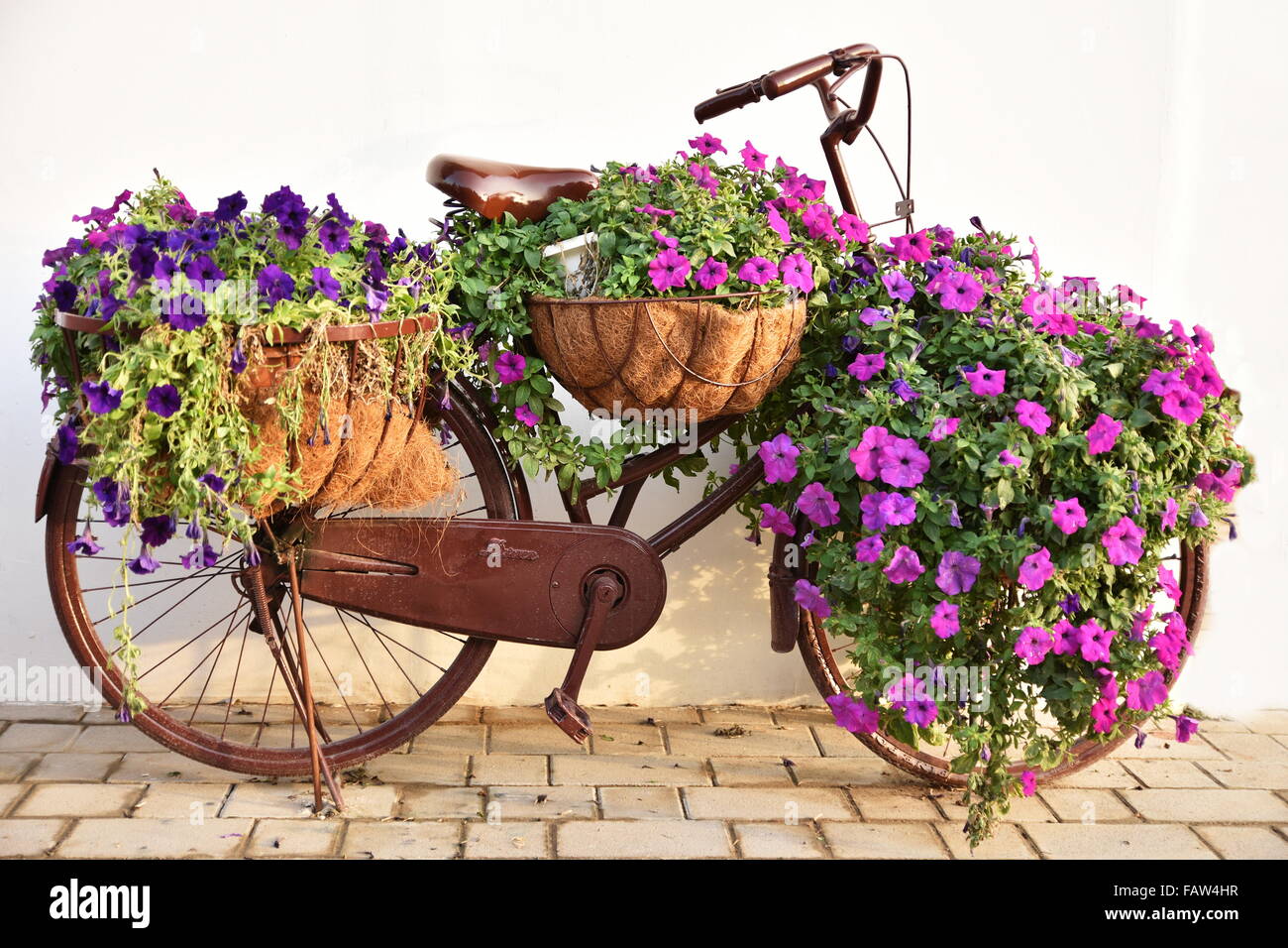 Oldtimer Fahrrad voll von Blumen in Dubai Miracle Garden, Dubai, Vereinigte Arabische Emirate Stockfoto