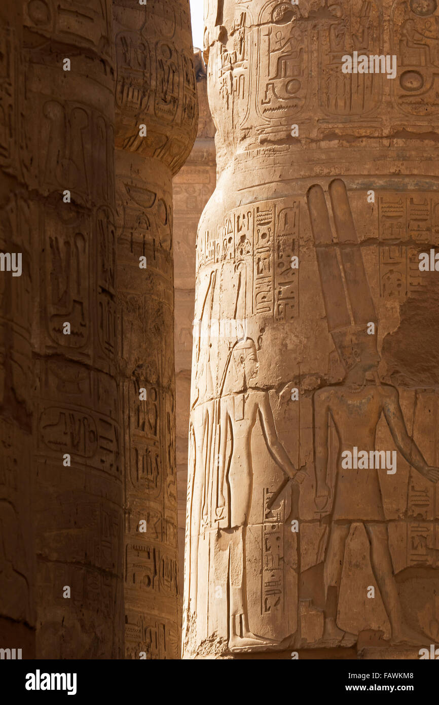 Hieroglyphen auf Spalten der großen Säulenhalle im Bezirk des Amun-Re in Karnak Tempel Complex, Luxor, Ägypten Stockfoto