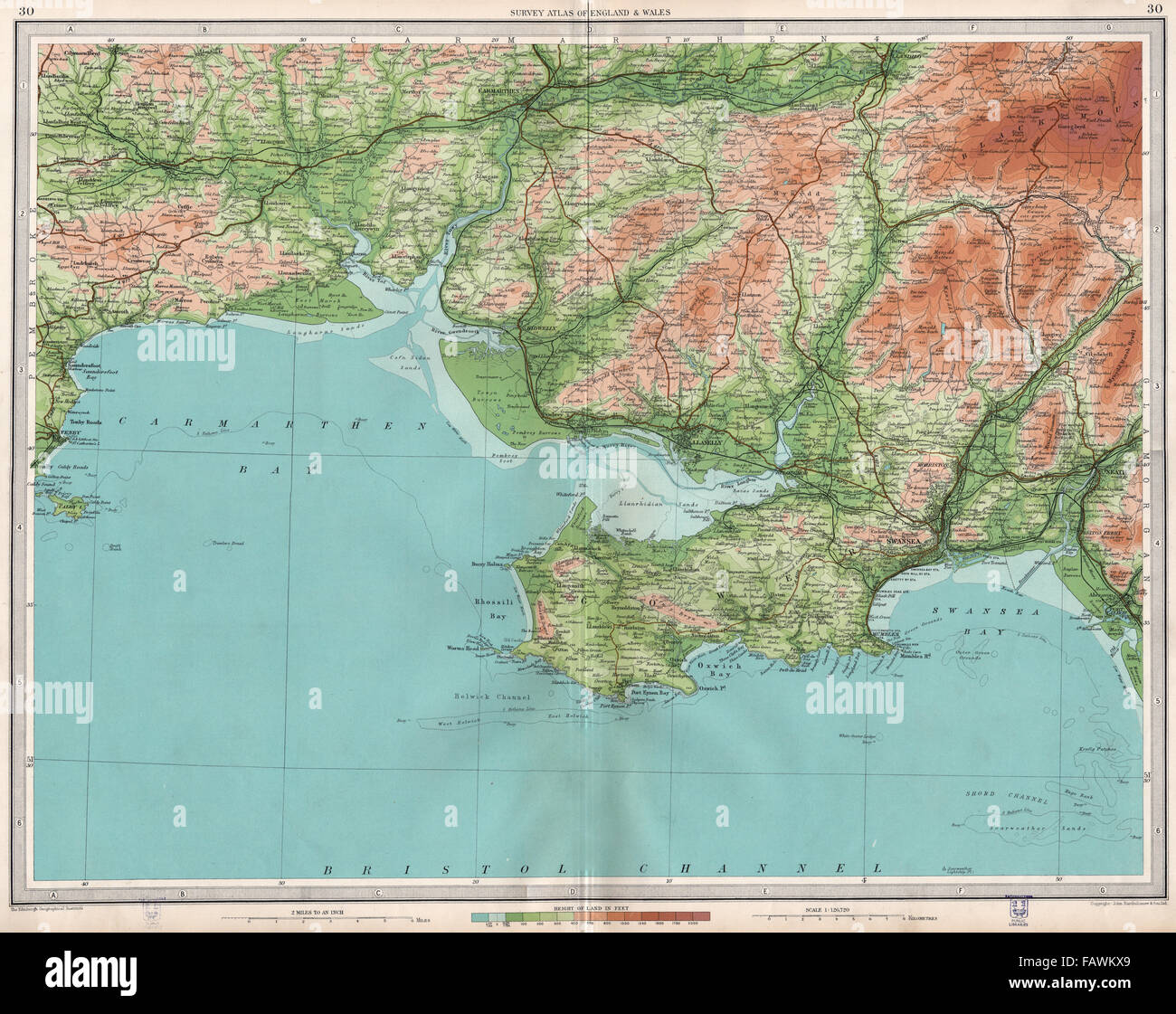 Süd-WALES: Swansea Carmarthen Gower Llanelly Neath Tenby. GROßE, 1939 Karte Stockfoto