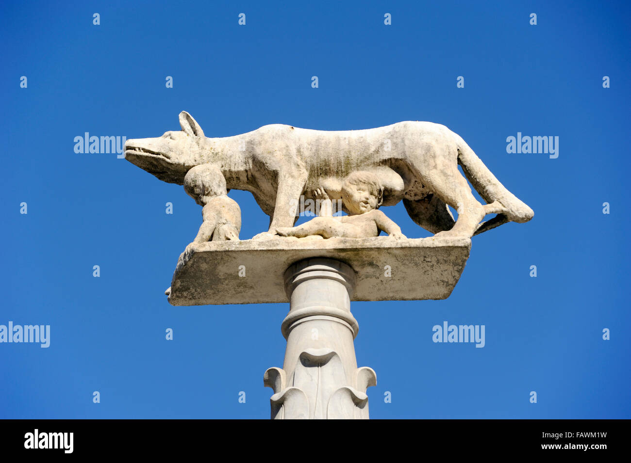Italien, Toskana, Siena, Cathedral Square, Wölfin Statue mit Senius und Aschius, die zwei legendären Gründer von Siena Stockfoto