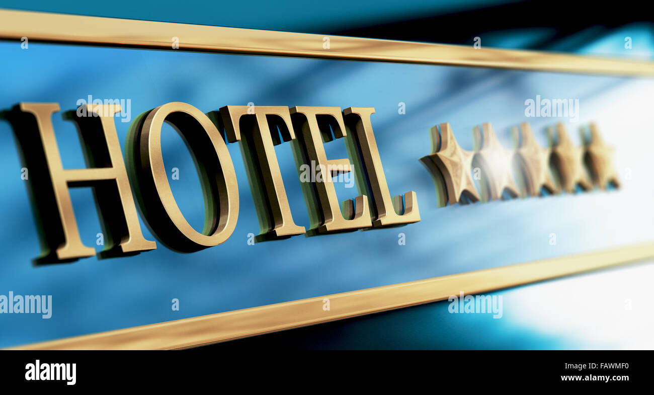 Fünf Sterne Hotel Zeichen auf blauem Hintergrund mit goldenen Buchstaben geschrieben. Horizontales Bild Suitagle für header Stockfoto