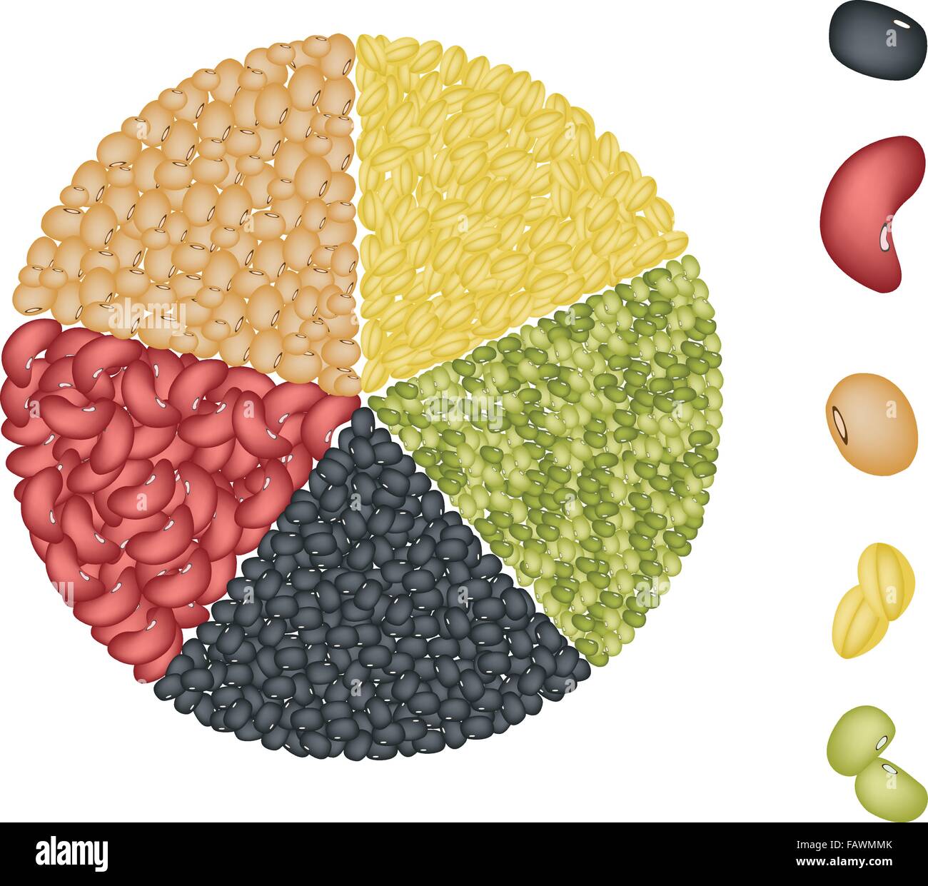 Eine Illustration-Sammlung von verschiedenen getrockneten Bohnen, mungobohne Bean, Kidney-Bohnen, blaues Auge Bohnen, Soja-Bohne und gelbe Erbsen Form Stock Vektor