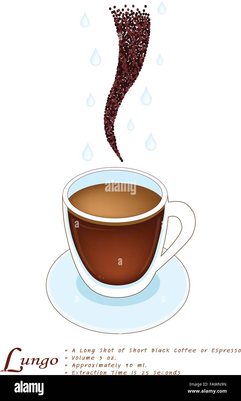 Eine Tasse Lungo mit Kaffeebohnen, Lungo ist ein langer Schuß Espresso, die zu A Minute zu ziehen, und füllen Sie 50 bis 60 Milliliter aufnehmen Stock Vektor