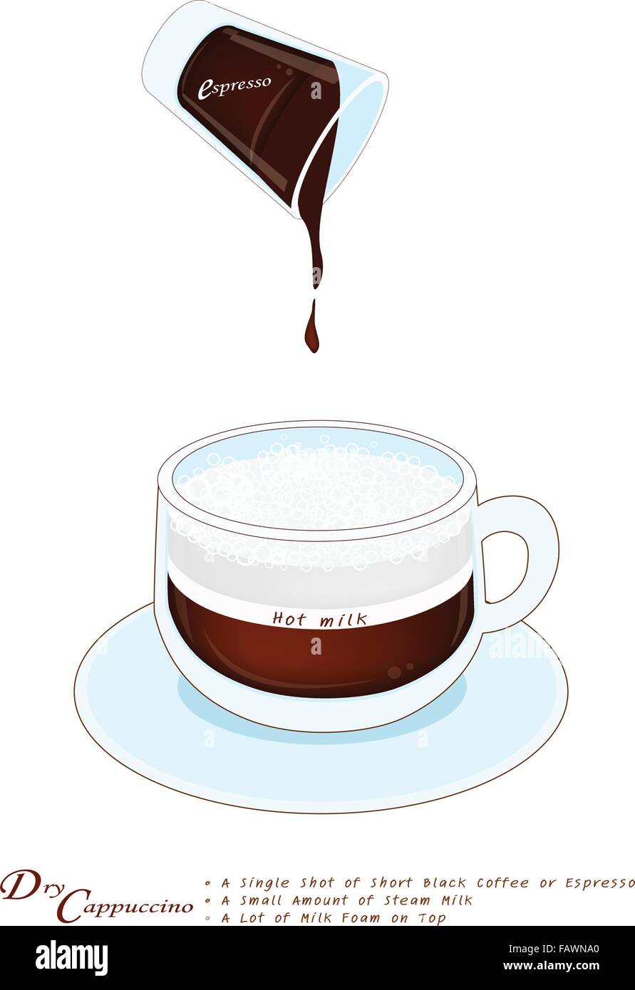 Eine Tasse trockenen Cappuccino Kaffee isoliert auf einem weißen Hintergrund, trockenen Cappuccino ist ein Schuss Espresso Kaffee mit dicken geschäumten Mil Stock Vektor