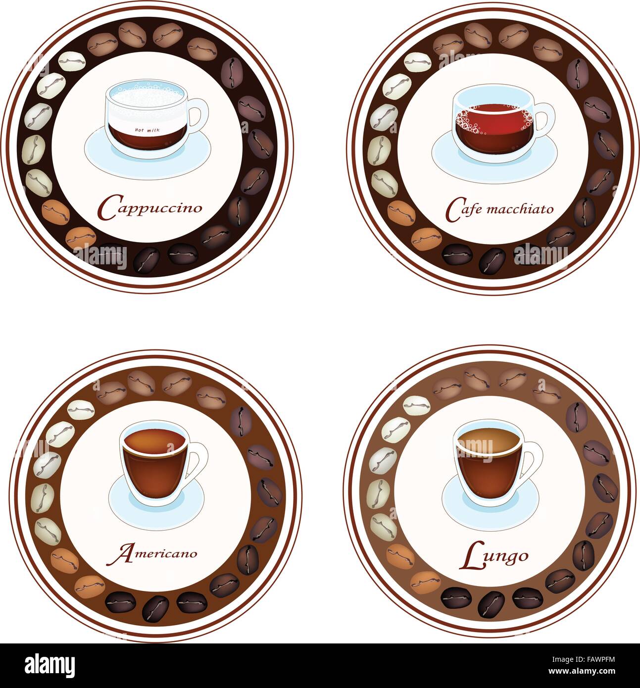 Eine Illustration Sammlung von Retro Stil Kaffee Etiketten, Lungo, Americano, Cappuccino und Cafe Macchiato Stock Vektor