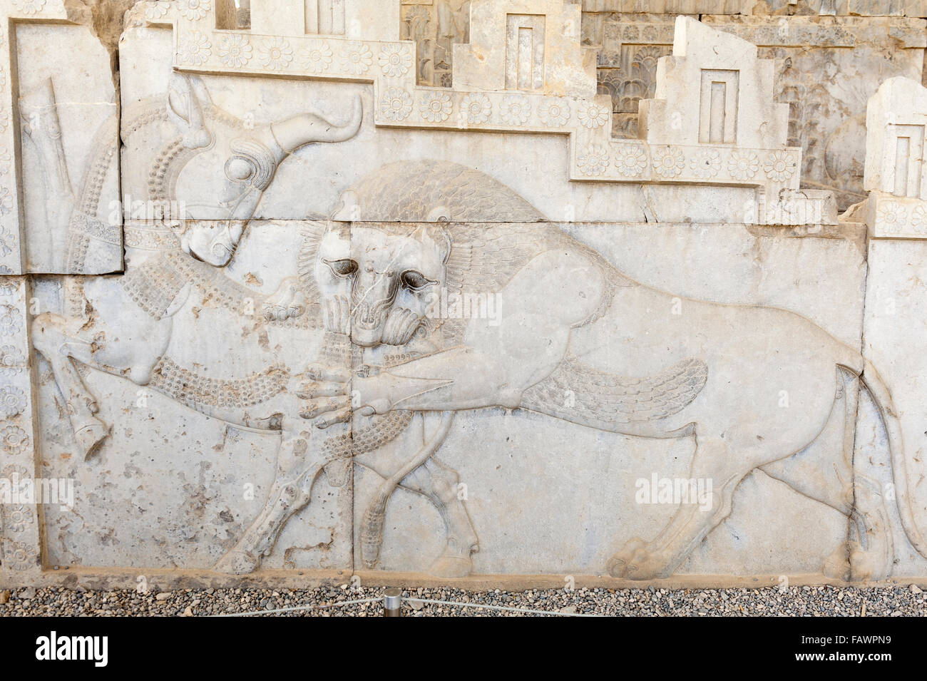 Antiken Relief der Achämeniden, fängt Leo, Taurus, Apadana Palast, archäologische Stätte, Antike persische Stadt Persepolis Stockfoto