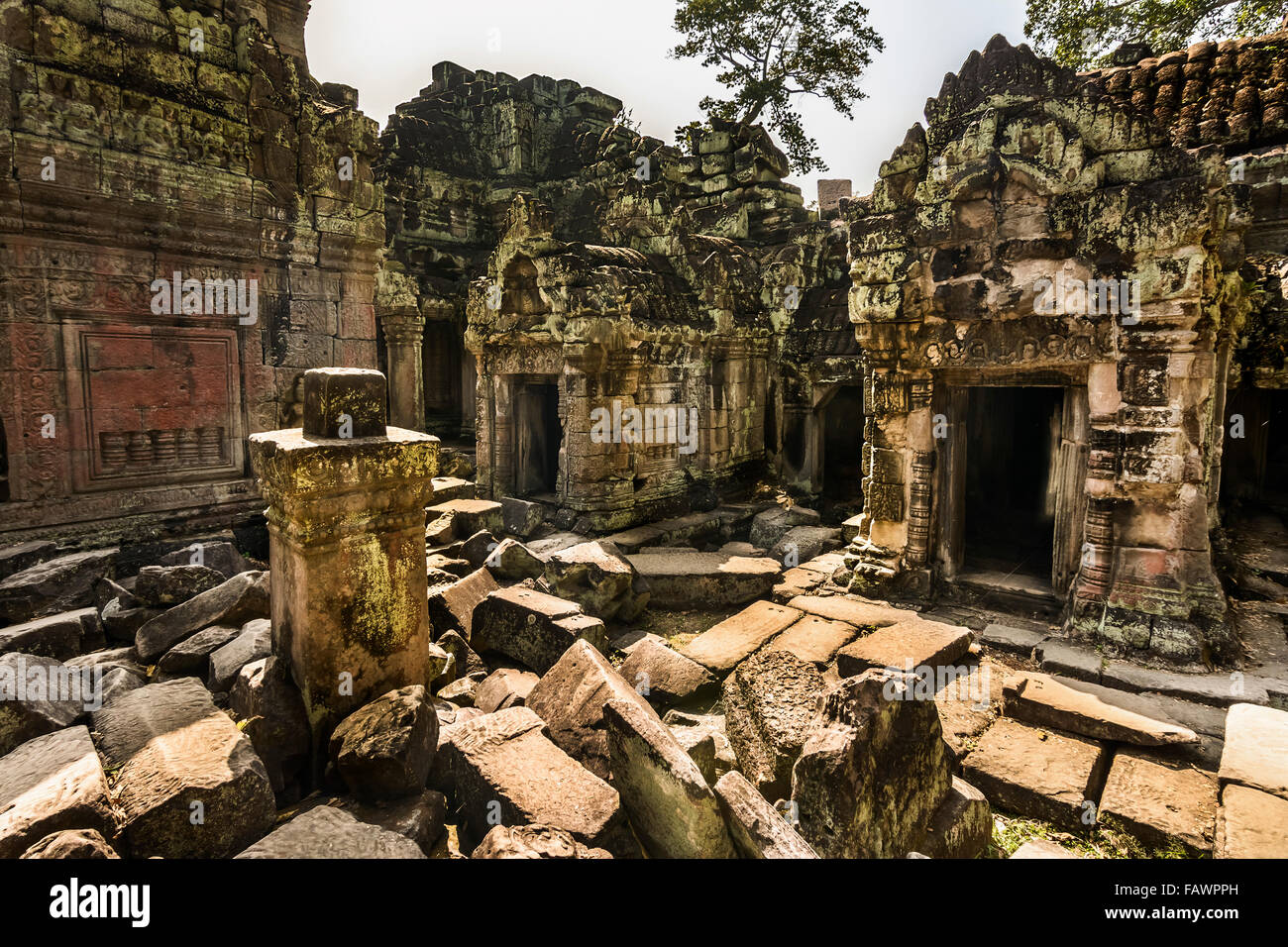 Preah Khan wurde im Jahre 1191 während der Regierungszeit von König Jayavarman VII. gebaut. Die zentrale buddhistischen Tempel enthalten ein Bild von der Boddh Stockfoto