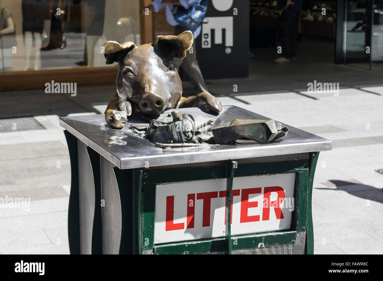 "Einen Tag" von Marguerite Derricourt. Bronze-Skulptur eines Schweins Essen aus einem Abfallbehälter in Rundle Mall, Adelaide, Australien. Stockfoto