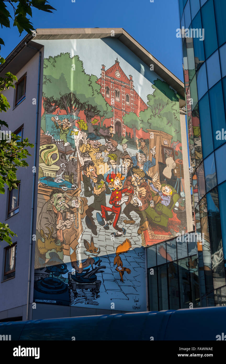 Comic-Themen Wandgemälde in Brüssel, Belgien, von der klassischen Französisch-belgischen Comic "Spirou et Fantasio" von Robert Velter (Rob-Vel). Stockfoto