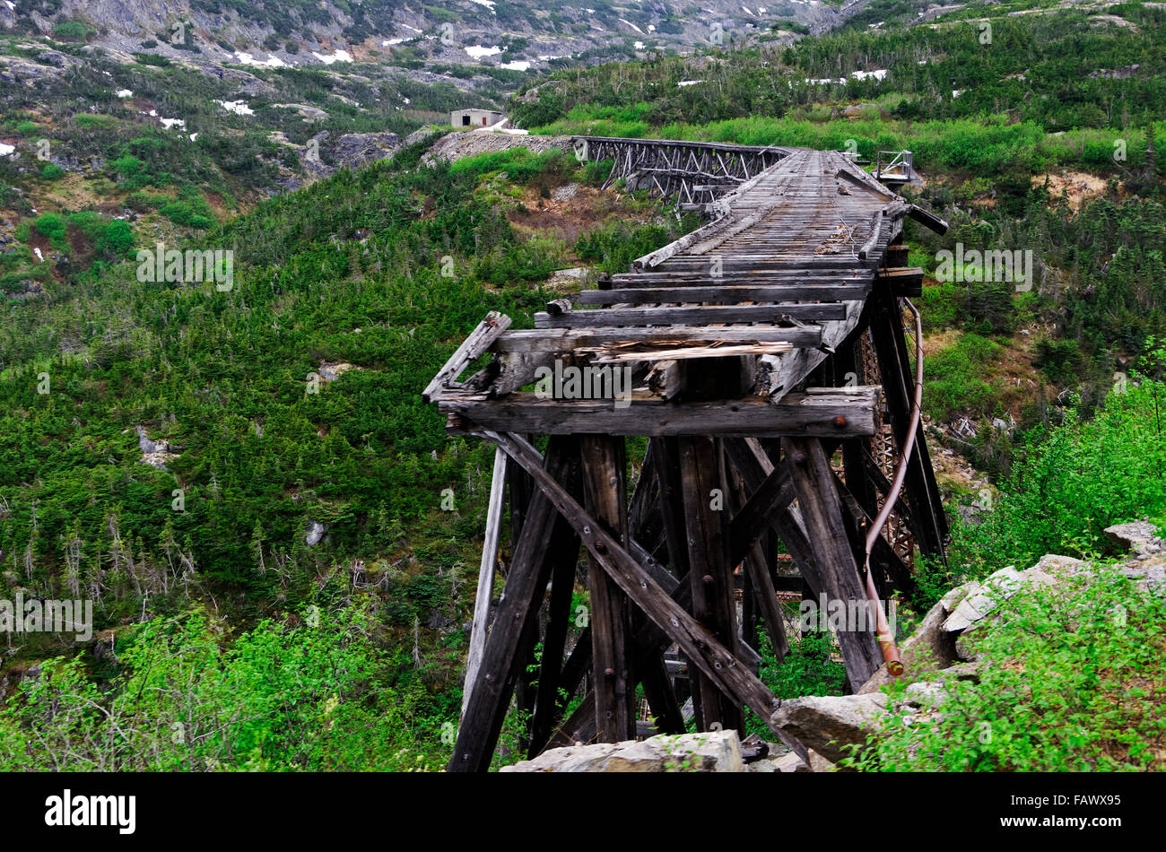 White Pass Railroad original Trestle-Brücke über den Fluss; Skagway, Alaska, Vereinigte Staaten von Amerika Stockfoto