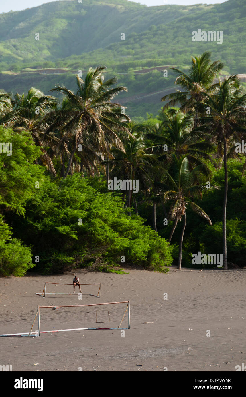 Zwei Fußballtore auf dunklen Sandstrand vor Palmen Stockfoto
