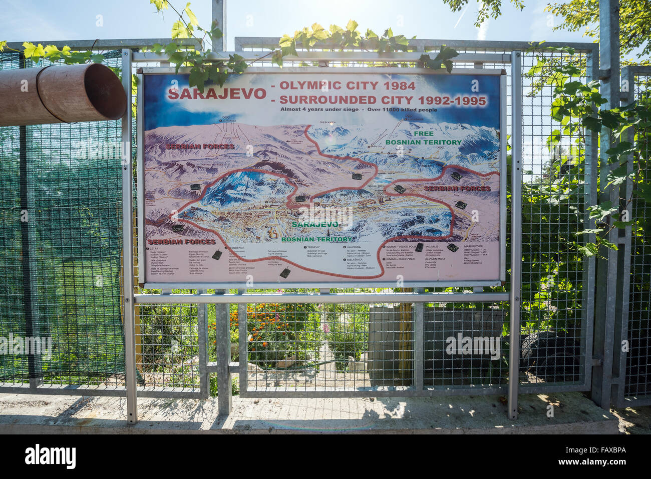 Belagerung von Sarajevo Karte neben Museum of Sarajevo Tunnel Baujahr 1993, Stadt mit bosnischen gehaltenen Territorium zu verknüpfen Stockfoto