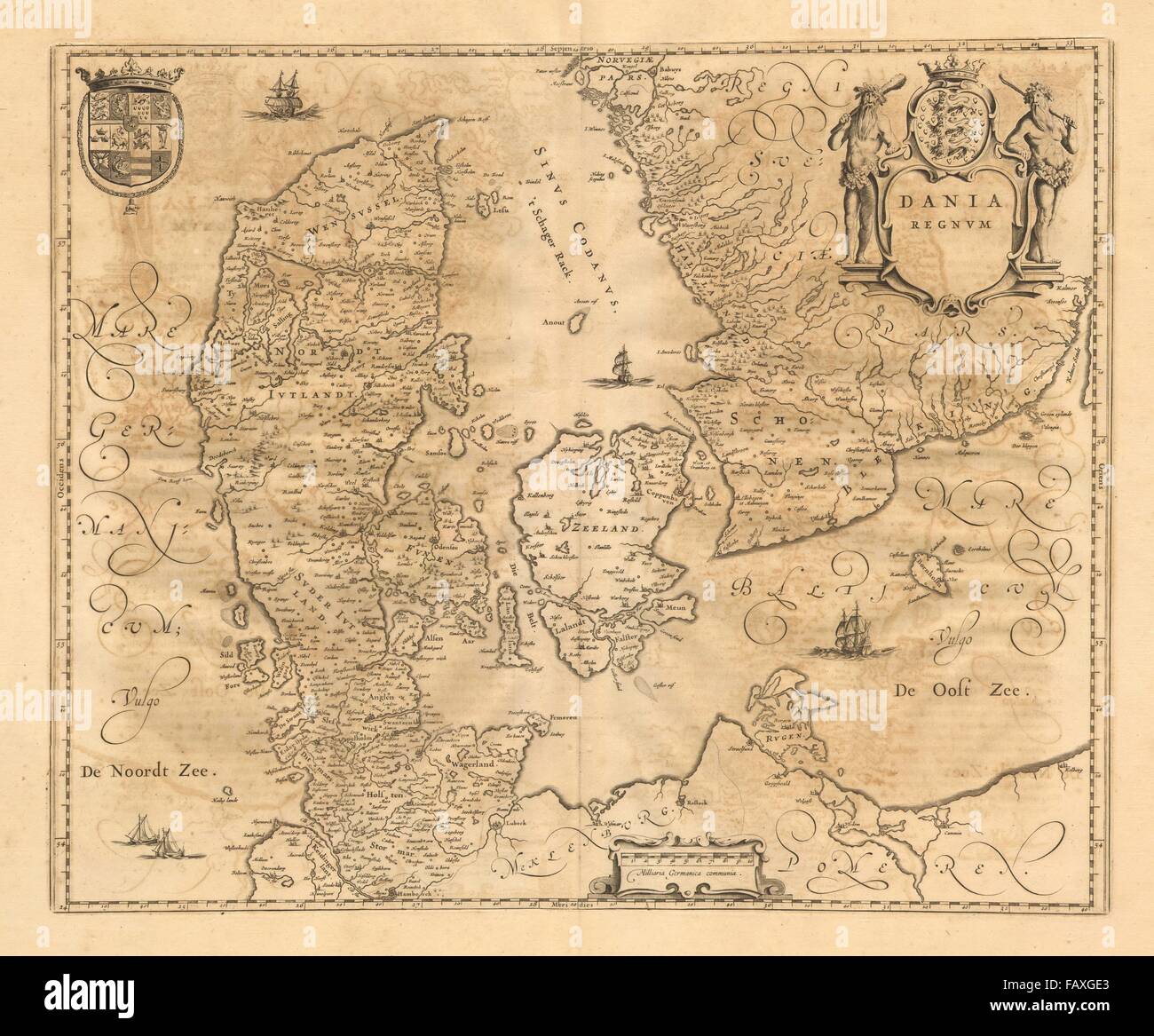 DANIA REGNUM. Königreich Dänemark. Hamburg Copenhagen Göteborg. BLAEU, c1667 Karte Stockfoto