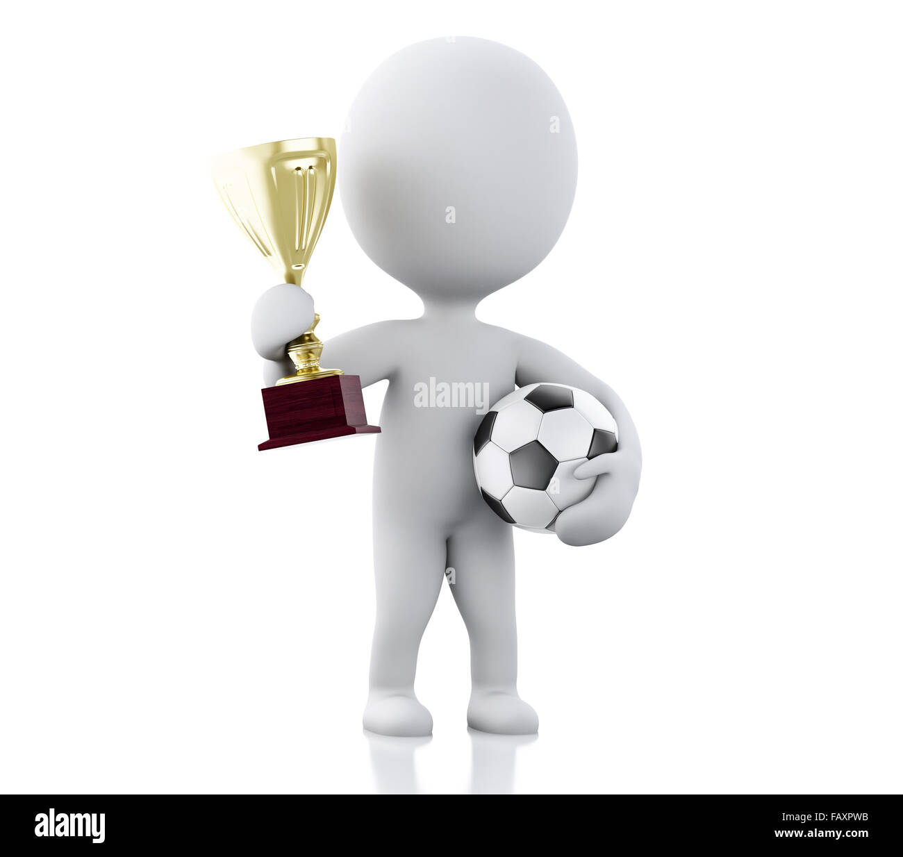 3D Renderer Abbildung. Weiße Leute, Fußballspieler mit Pokal und Ball. Sport-Konzept. Stockfoto