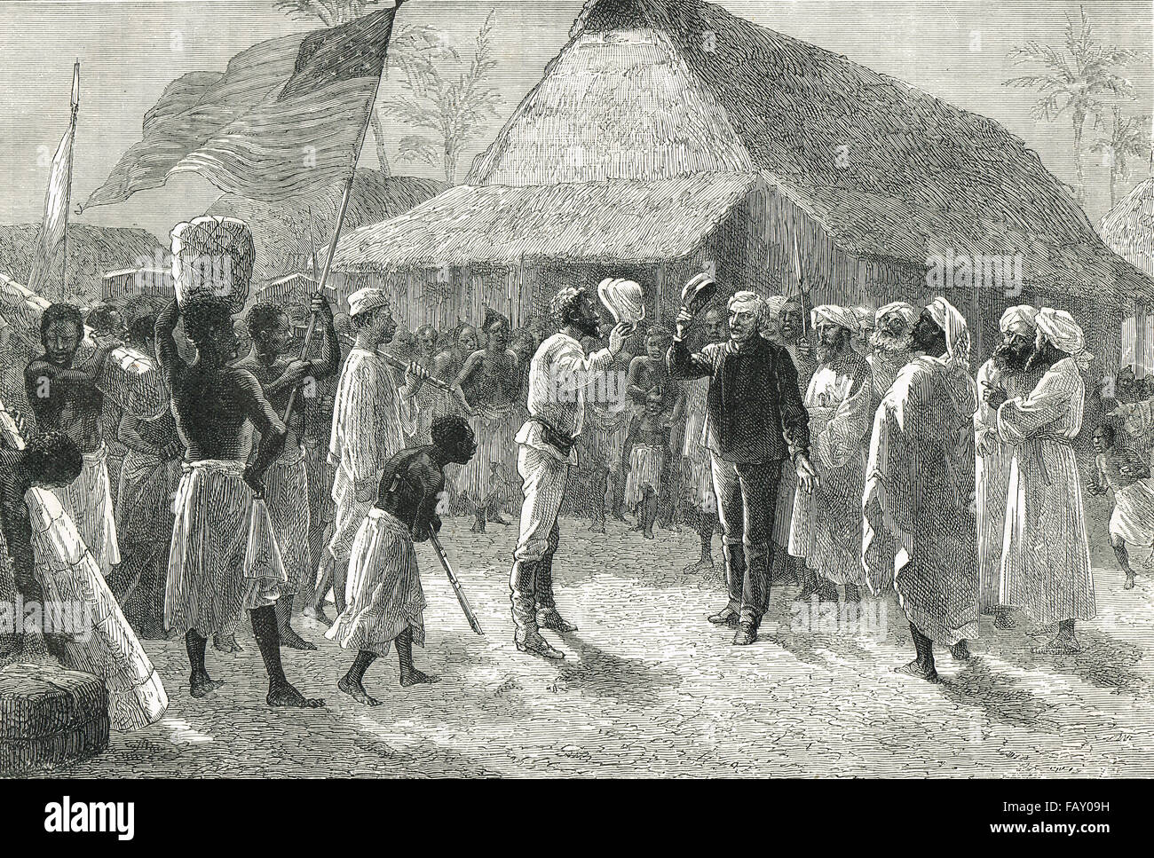 Sitzung des Henry Morton Stanley & Dr. David Livingstone 10. November 1871 in Ujiji, in der Nähe von Lake Tanganjika, Tansania, Osten, Afrika Stockfoto