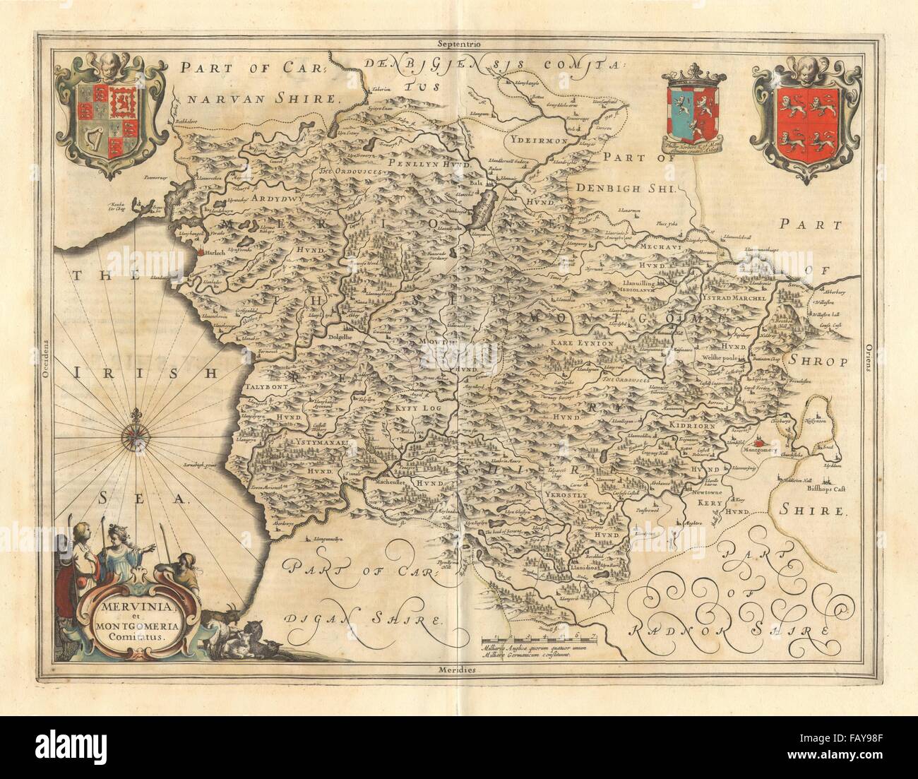 MERVINIA ET MONTGOMERIA COMITATUS. Merioneth/Montgomeryshire.JANSSON, c1645 Karte Stockfoto