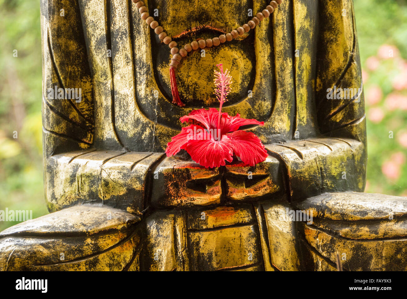 Indonesien, Tejakula, Bali, Hibiskusblüten auf Buddha-statue Stockfoto