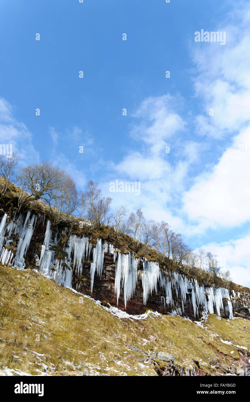 Vorhänge von Eiszapfen, Brecon Beacons National Park, Powys, South Wales, UK Stockfoto