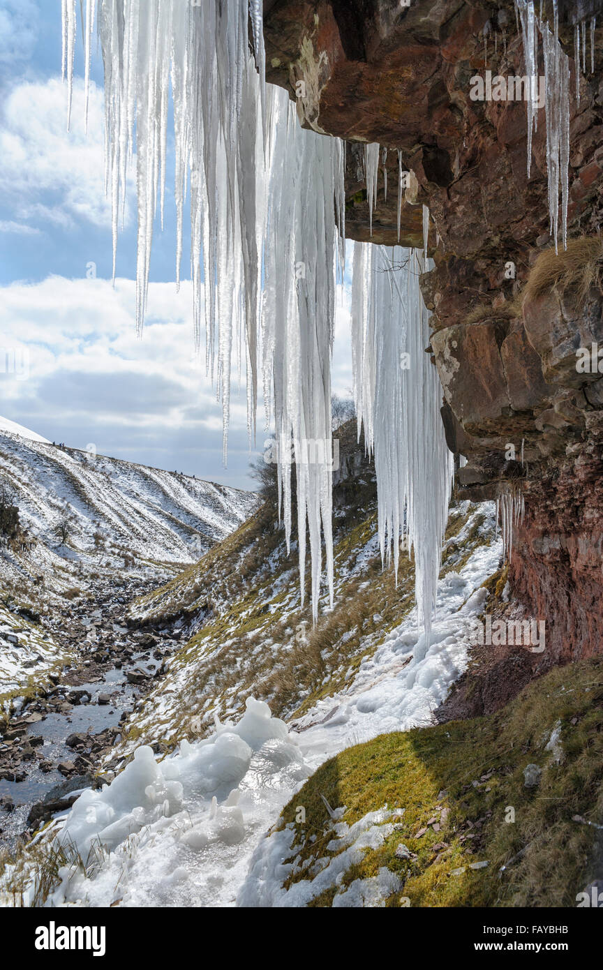 Vorhänge von Eiszapfen, Brecon Beacons National Park, Powys, South Wales, UK Stockfoto