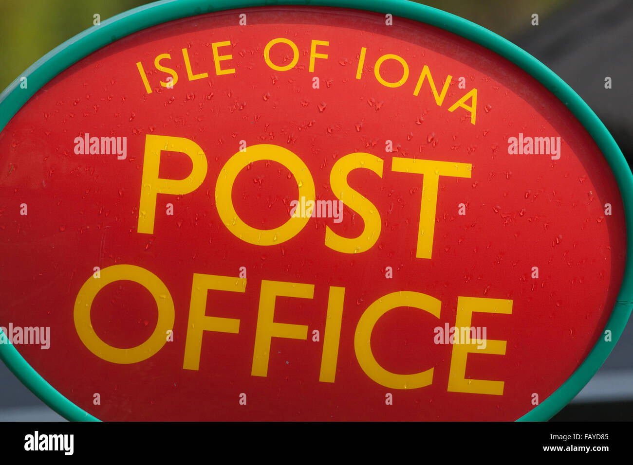 Postamt Sign. Außerhalb der Post positioniert. Isle of Iona. Inneren Hebriden. Westküste Schottlands. Stockfoto