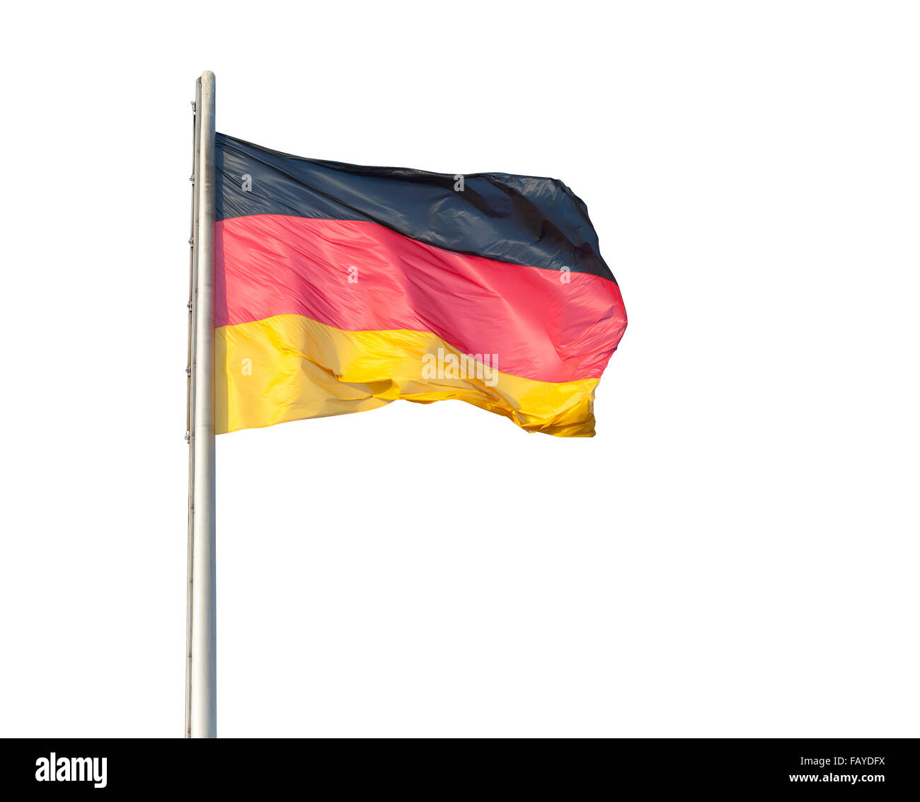 Die deutsche Flagge auf einem Metallstab, isoliert auf weißem Hintergrund Stockfoto