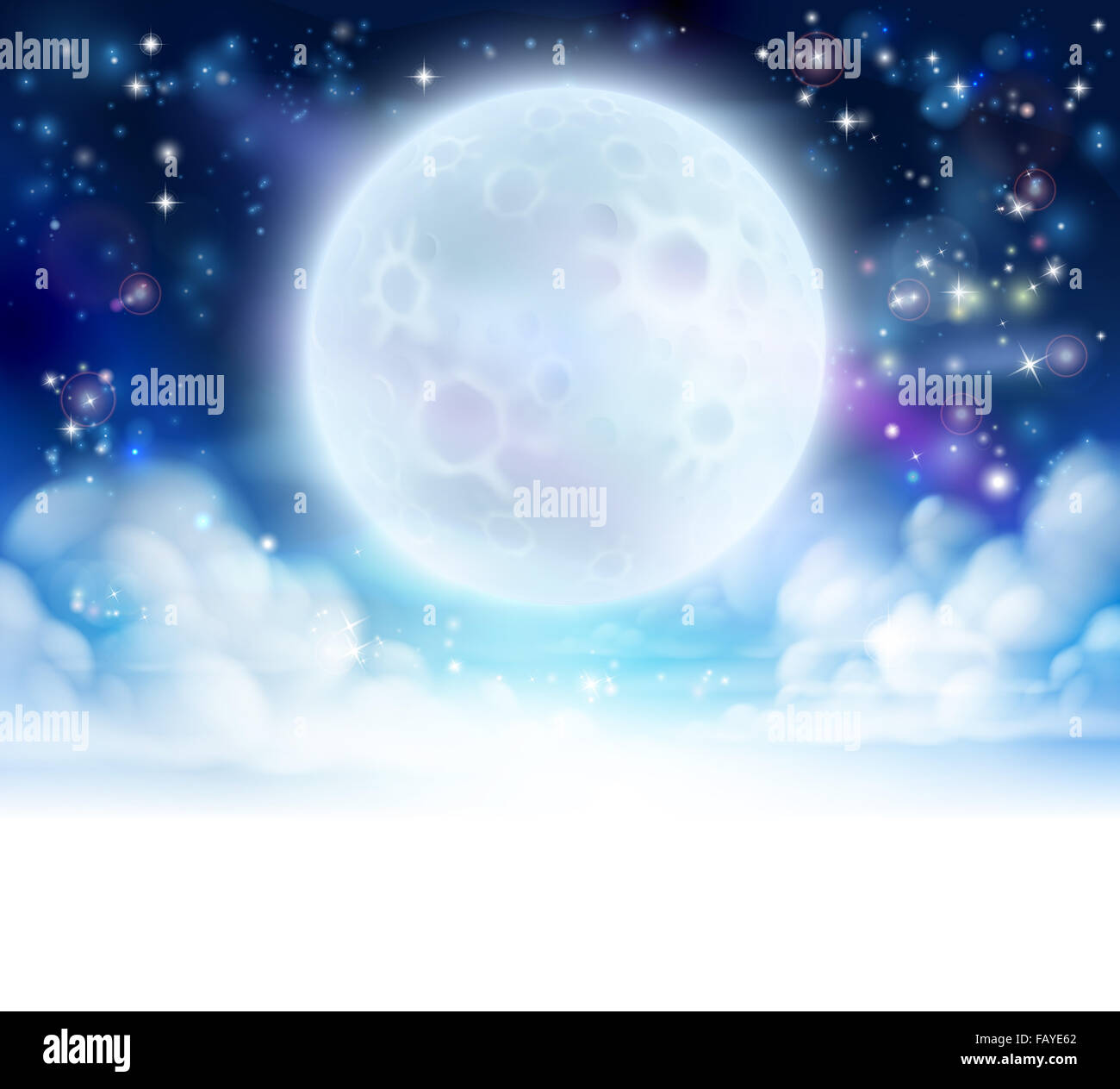Mond Nacht Himmelshintergrund mit Wolken und Sternen. Überblendungen in weiß auf der Unterseite für die einfache Nutzung als Bordürenmuster oder Header. Stockfoto
