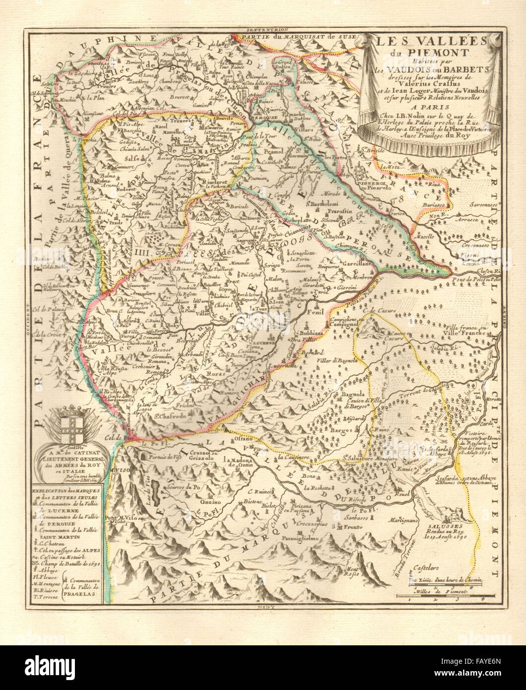 "Les Vallées du Piemont Habitees par Les Vaudois". Piemonte. NOLIN, c1740 Karte Stockfoto