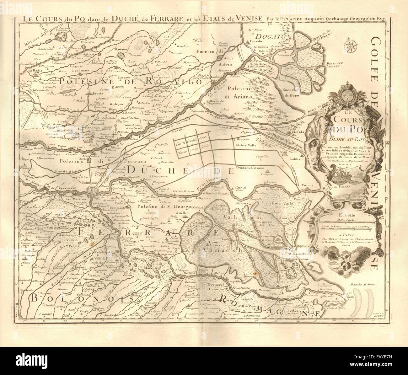 Le Cours du Po Dans le Duché de Ferrare et Les Etats de Venise. PLACIDE 1734 Karte Stockfoto