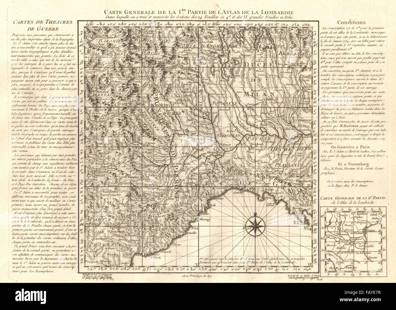 "Carte Generale de... l'atlas De La Lombardei". Lombardei-Rundfahrt. Anville, 1754-Karte Stockfoto