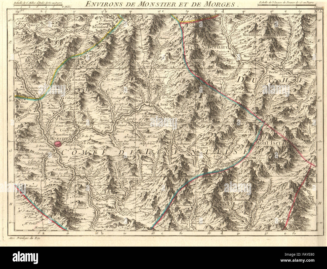 SAVOIE/AOSTA. Moutiers Morgex Tignes Val d'Isère Courmayeur. Anville, 1754-Karte Stockfoto