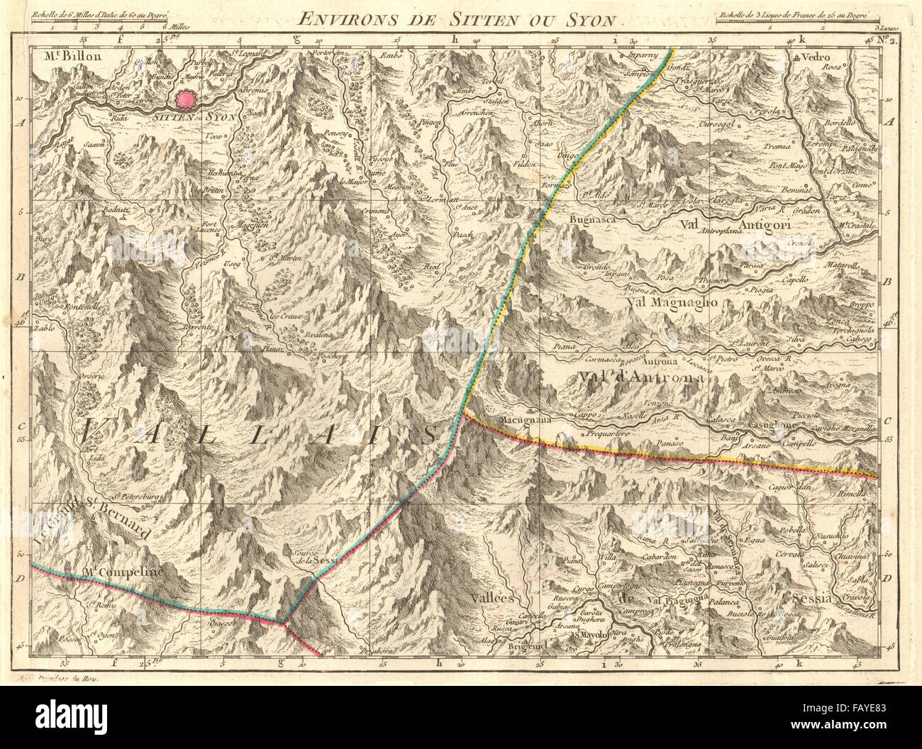 WALLIS/ITALIENISCHE ALPEN. Syon Saas Zermatt Borgosesia Macugagna. Anville, 1754-Karte Stockfoto