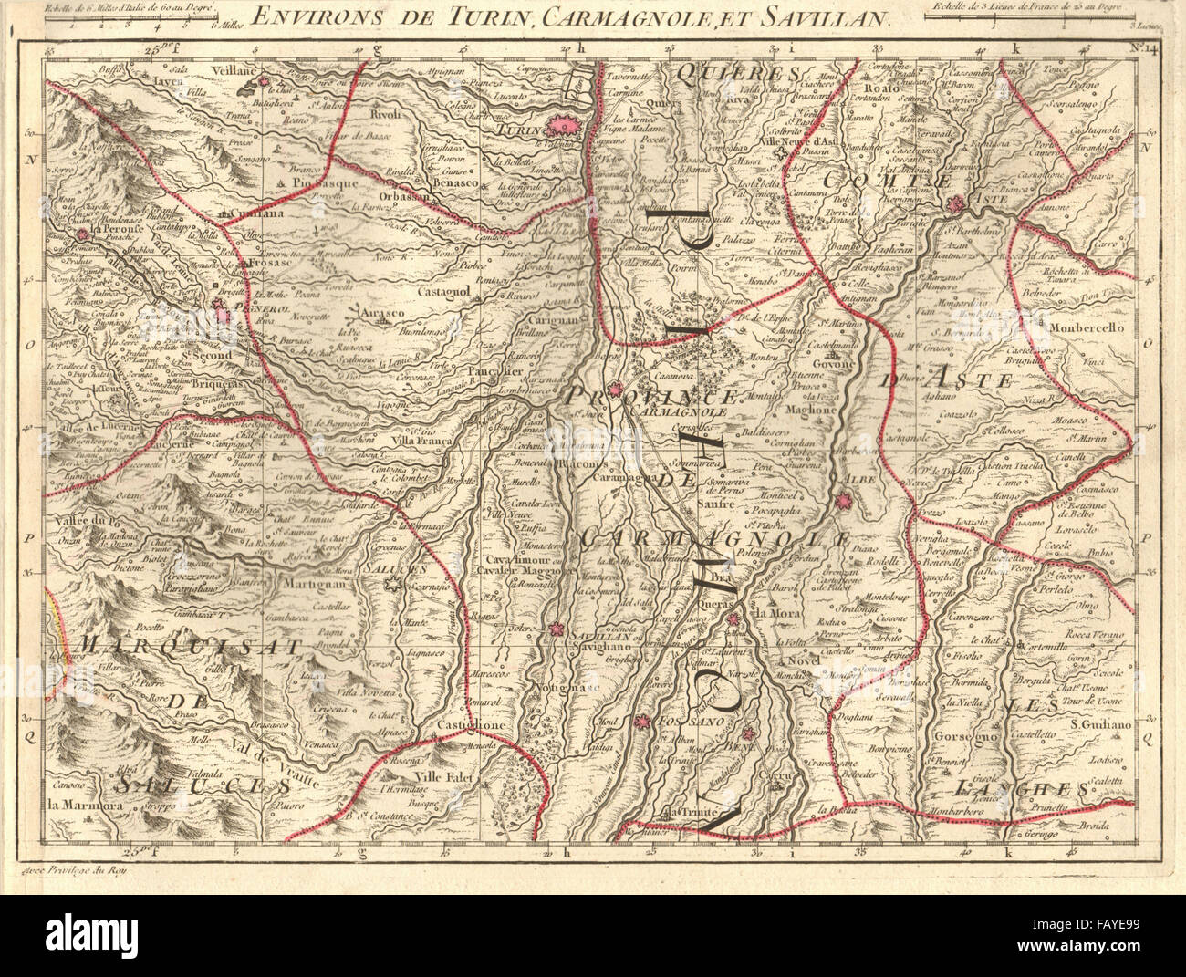 TURIN/TORINO-UMGEBUNG. Carmagnola Savigliano Asti Pinerolo. Anville, 1754-Karte Stockfoto