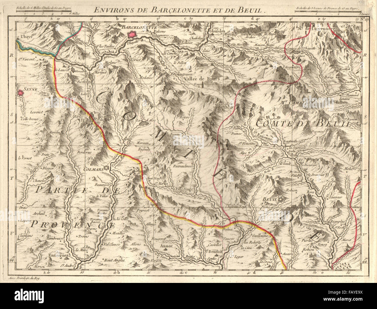 ALPES DU SUD. Barcelonnette Beuil Seyne Colmars Allos Isola. Anville, 1754-Karte Stockfoto