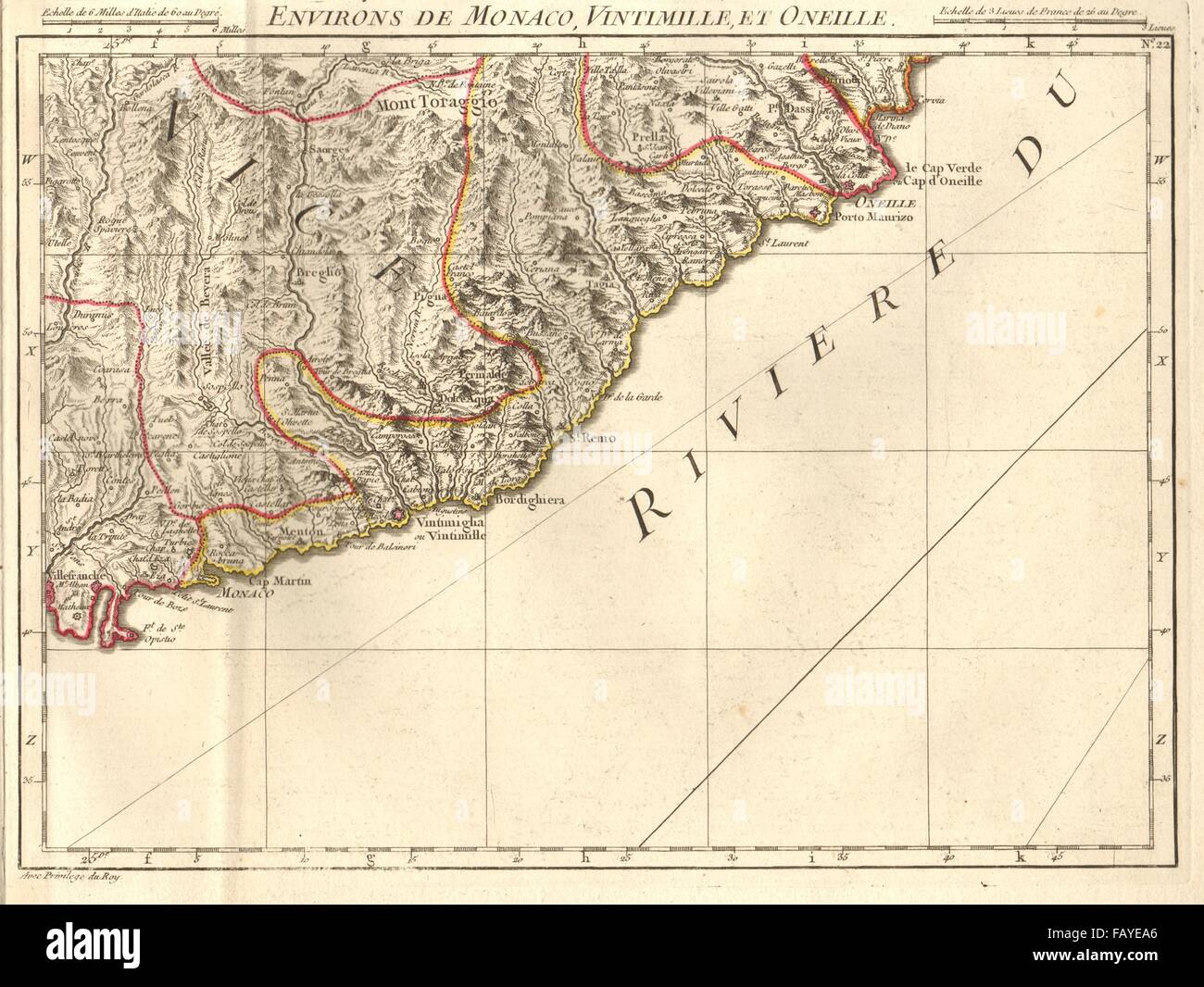 CÔTE D ' AZUR/RIVIERA LIGURE. Villefranche-Cap-Ferrat-Monaco. Anville, 1754-Karte Stockfoto