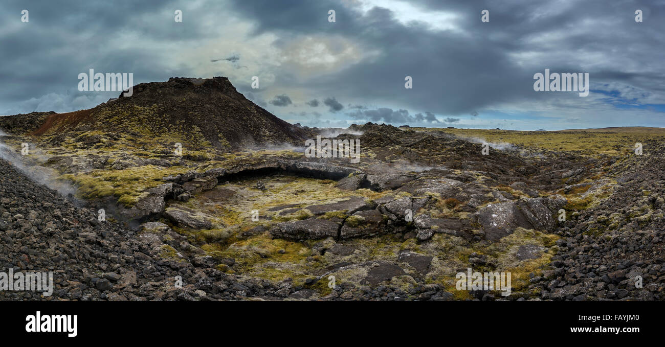 Lava und Moos Dämpfen in einer geothermischen Gebiet-Eldvorp, Halbinsel Reykjanes, Island Stockfoto