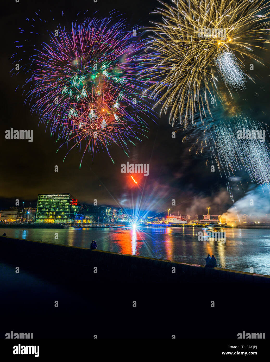 Feuerwerk während ein Sommerfest, Kulturnacht, Reykjavik, Island Stockfoto