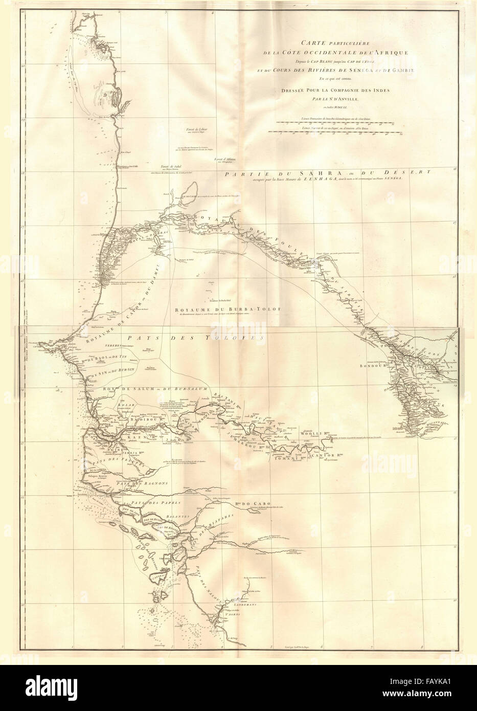 Côte Occidentale de l ' Afrique. W Africa.Senegal Gambia Flüssen. Anville 1751 Karte Stockfoto