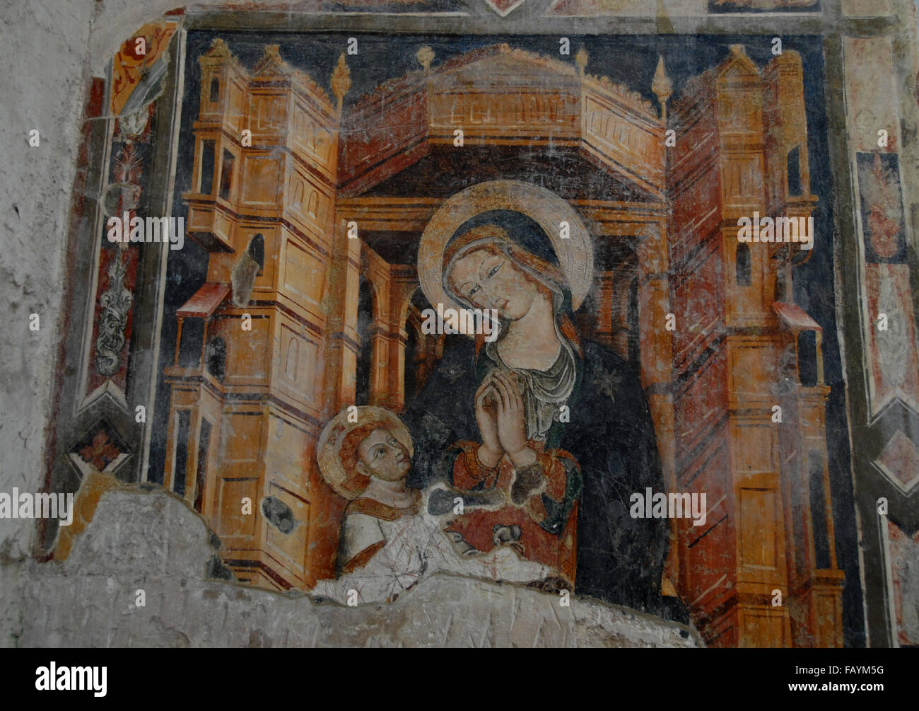 Jungfrau Maria Fresko, Crypta del Peccato, Sassi di Matera, Basilikata, Italien Stockfoto