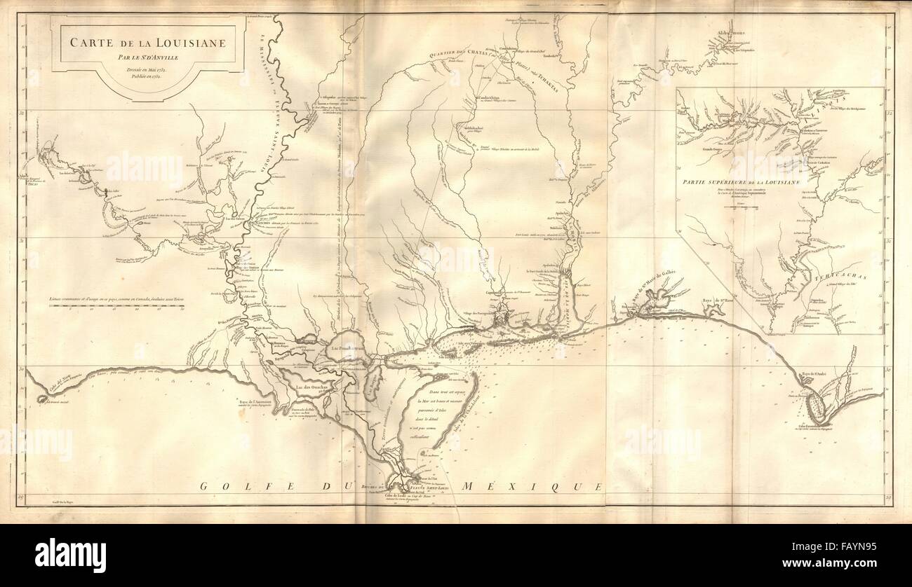 "Carte De La Louisiane". Französische Festungen/Missionen. Golf-Küste. Anville, 1752-Karte Stockfoto