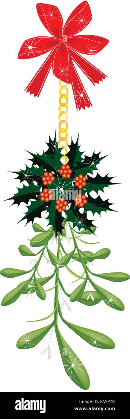 Mistel-Bündel oder Viscum Album dekoriert mit Holly Blättern und Weihnachten Red Ribbon Weihnachtsfeier, isoliert am Pfingstmontag Stock Vektor