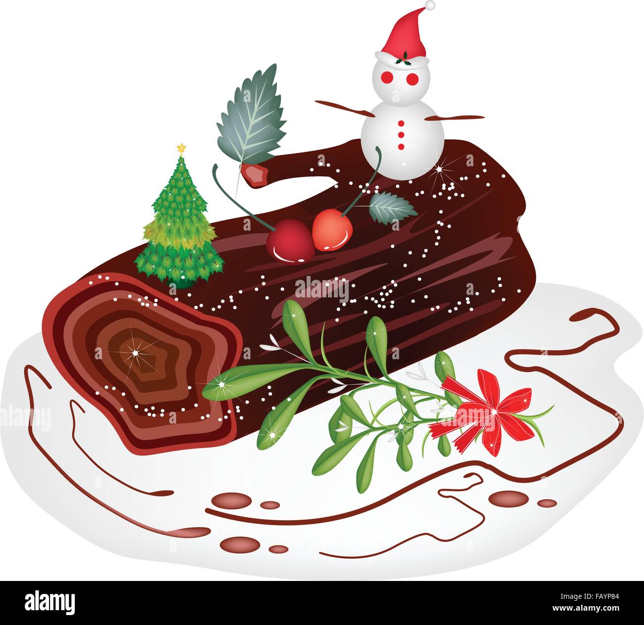 Ein traditioneller Weihnachtskuchen, Yule Log Kuchen oder Buche de Noel mit Mistel Haufen Weihnachtsfeier, Isolated on White B Stock Vektor