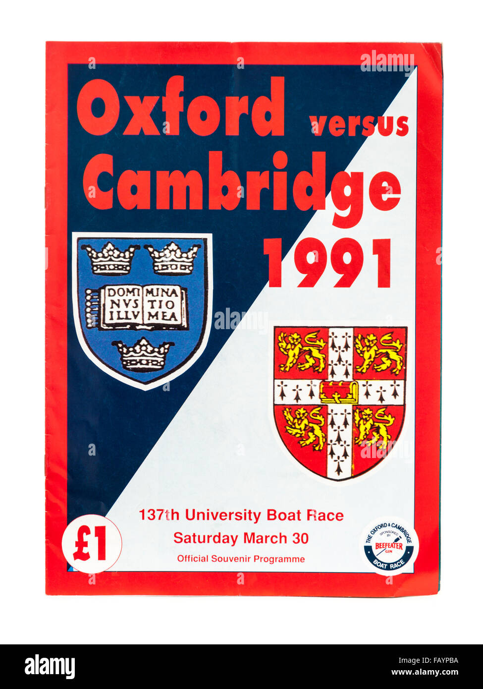 Offiziellen Souvenir-Programm der 137. University Boat Race zwischen Oxford und Cambridge am 30. März 1991 (gewonnen von Oxford) Stockfoto