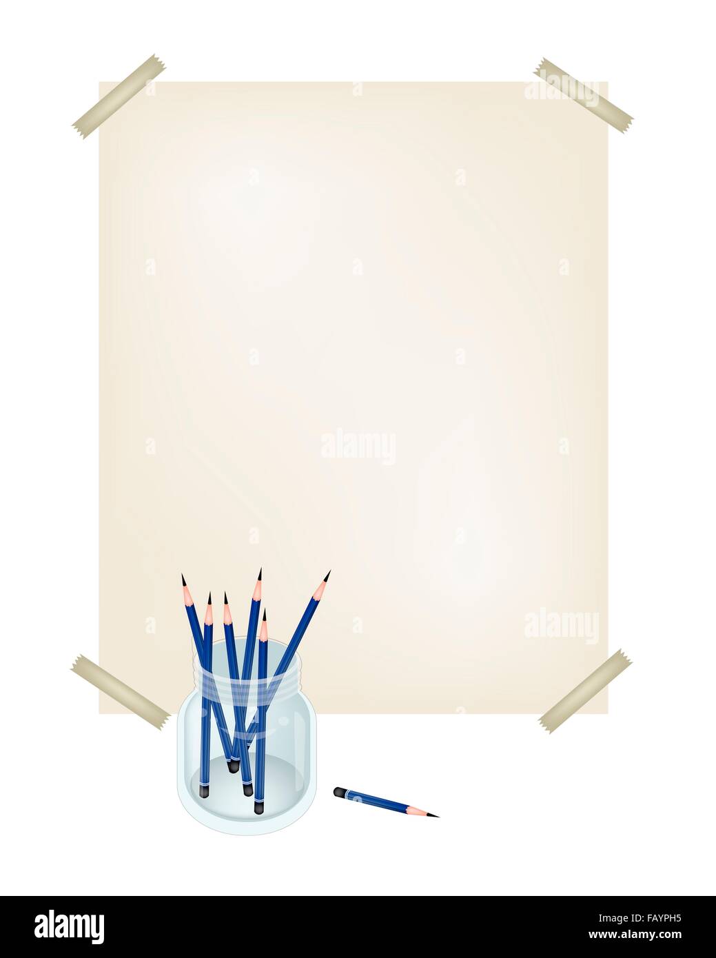 Art liefern, Stapel von geschärften detaillierte Bleistifte in ein Glas mit einer Zeichnung oder Skizze und zeichnen Sie ein Bild. Stockfoto