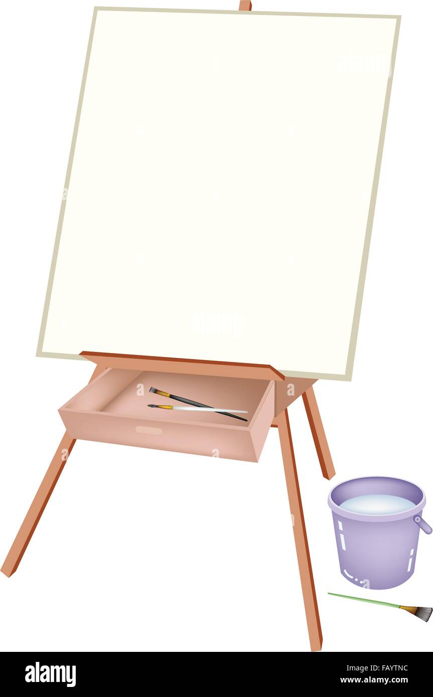 Hölzerne Staffelei mit Leinwand und Pinsel Handwerk oder Künstler Pinsel und Wasser Eimer zum Zeichnen und malen ein Bild Stock-Vektorgrafik