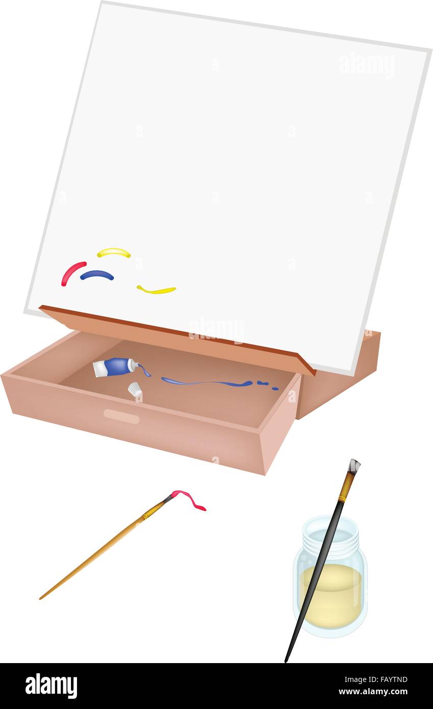 Eine kleine hölzerne Staffelei mit Leinwand und Handwerk Pinsel oder Leinsamen-Öl für Lack, Künstler Pinsel, Farbtuben und Terpentin Stock Vektor